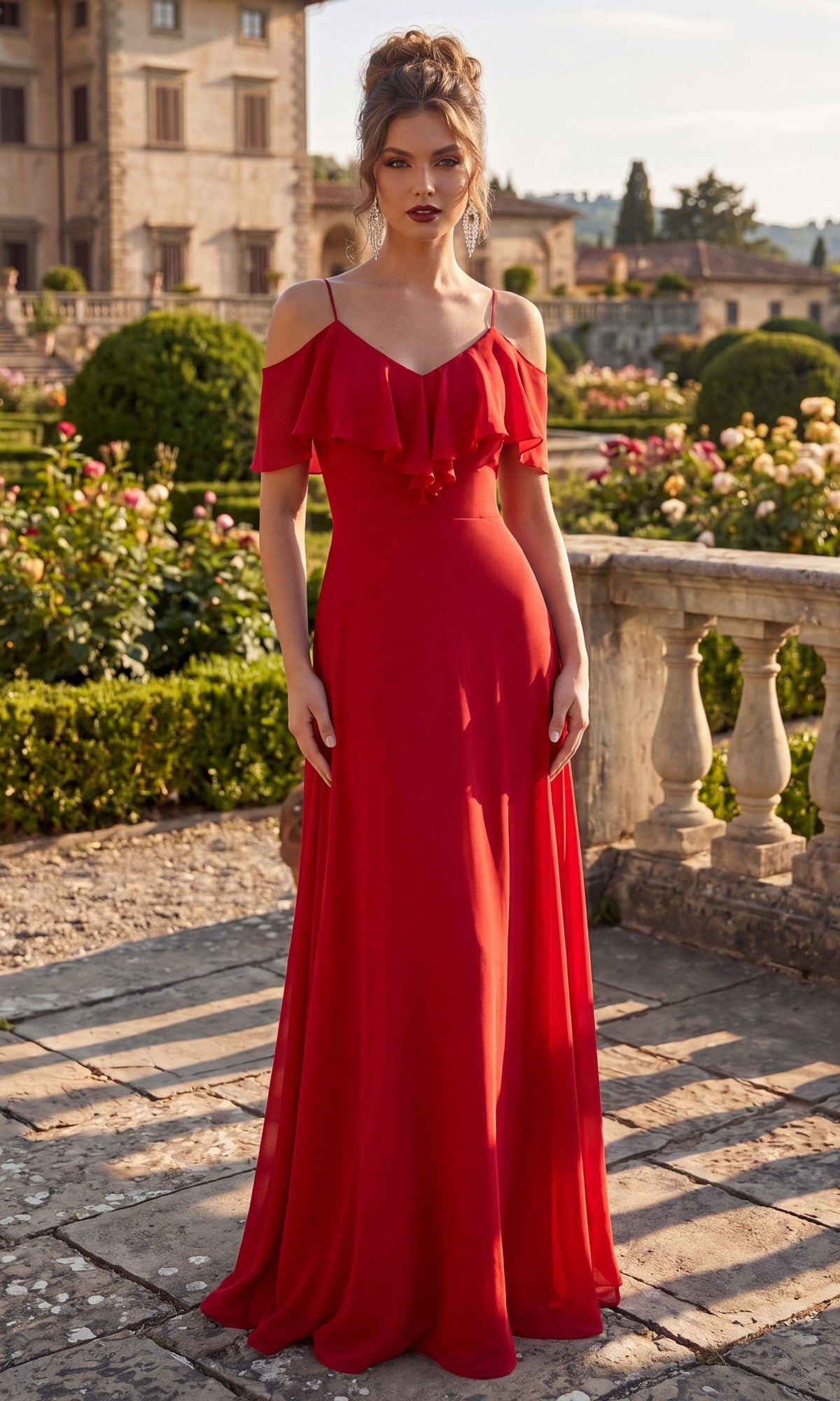 A woman stands outdoors on a stone terrace, wearing the Long Formal Dress: Chicas DM4004 in red, with a garden and historic building in the background.